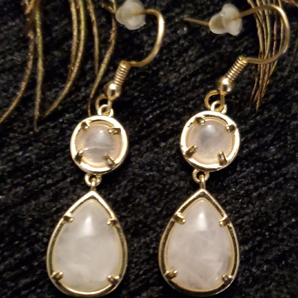 Rose Quartz Cabochons In Gold Prong Setting Teardrop Shaped Drop Dangle Earrings
